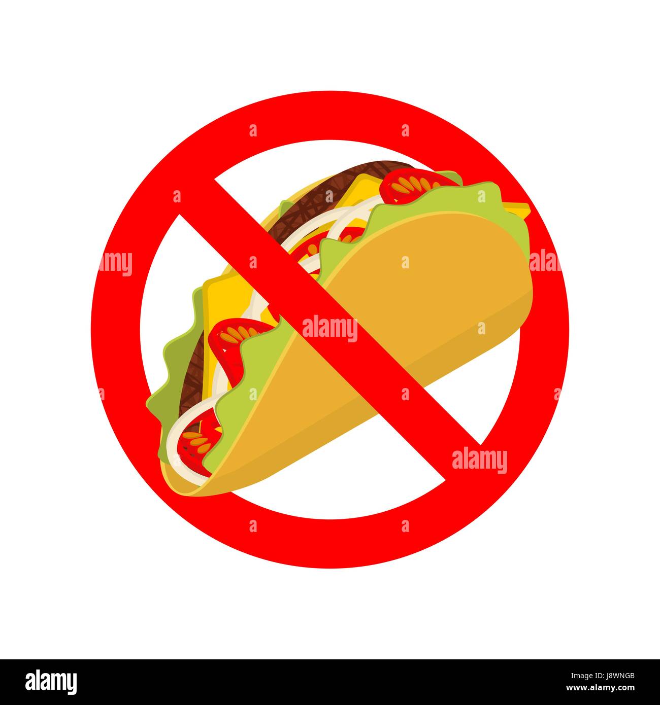 Ban taco. Prohibited acute Mexican food. Crossed-out fast food. Emblem against. Red prohibition sign. Stop tortilla chips Stock Vector
