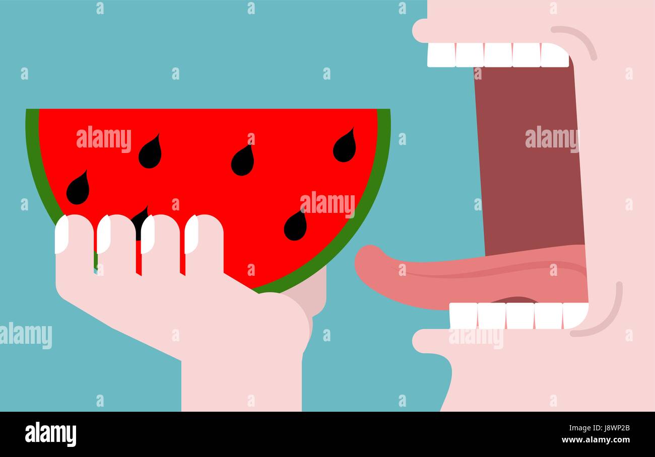 Man eating watermelon. fruit consumption. Red fresh slice of watermelon. Healthy breakfast. Open mouth with tongue and teeth. Consumption of vegetaria Stock Vector