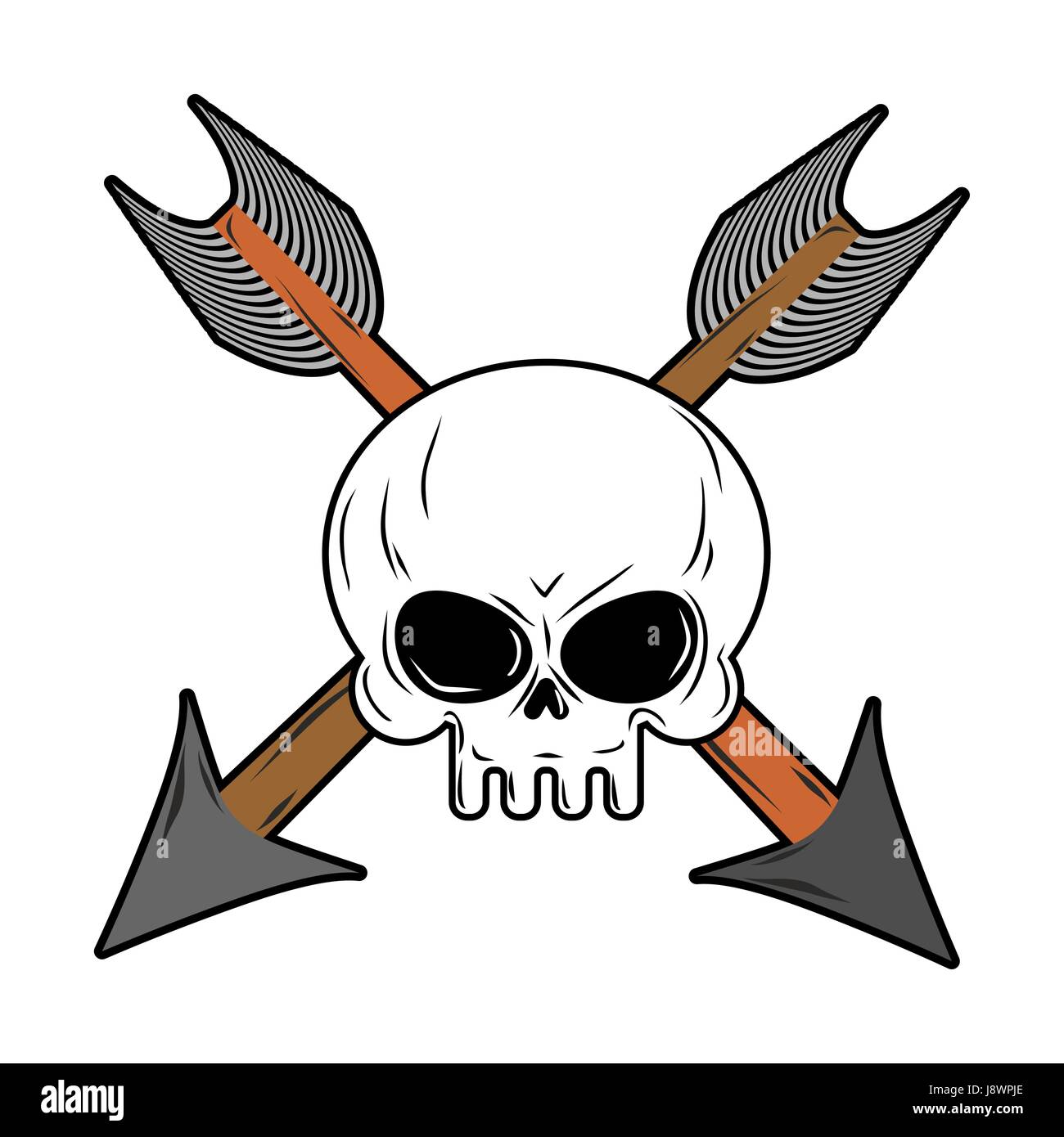 Skull and arrow from bow. Symbol death of head skeleton Stock Vector