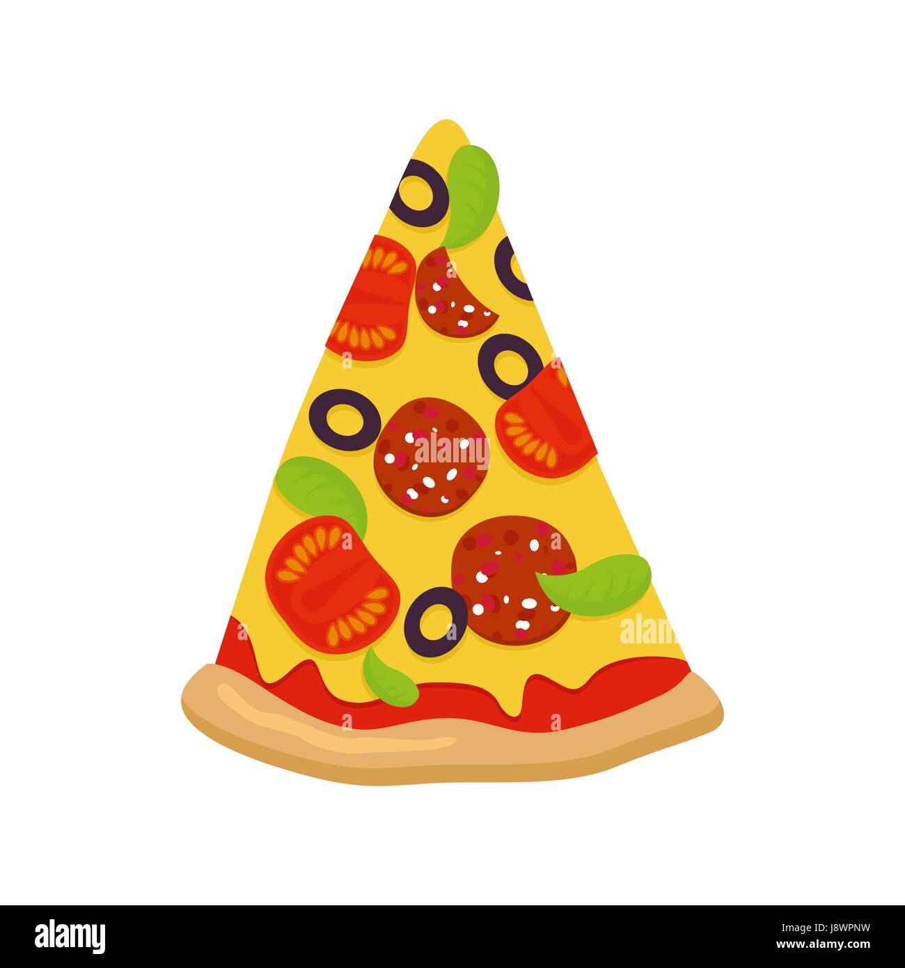 Piece of pizza on white background. Tomatoes and sausage cheese and greens. Crispy crust. Pizza isolated on white background. Italian traditional food Stock Vector