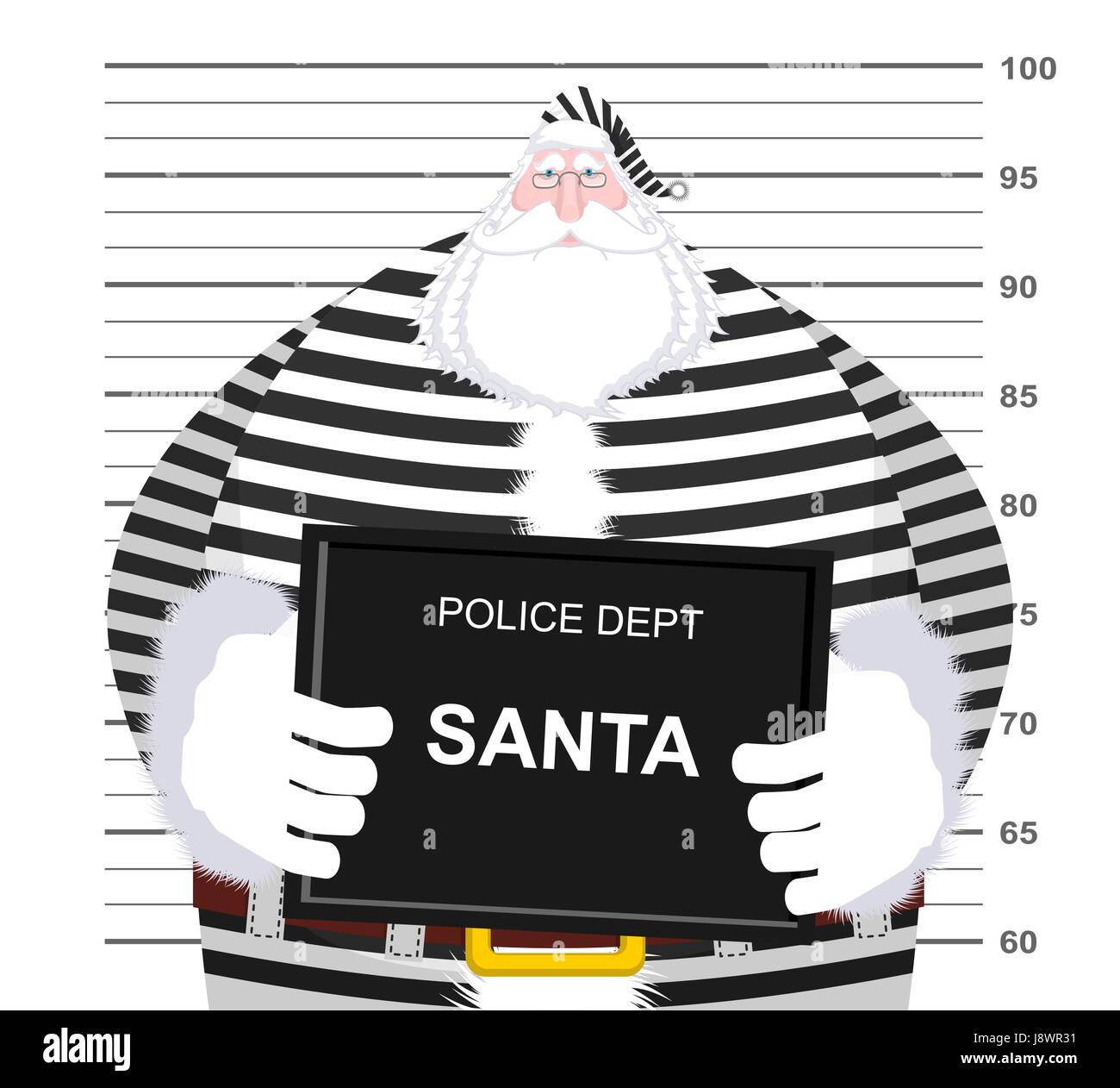 Mugshot Santa Claus at Police Department. Mug shot Christmas. Arrested Bad Santa in striped robe holding  black plate. Grandpa Photo Prisoner in custo Stock Vector
