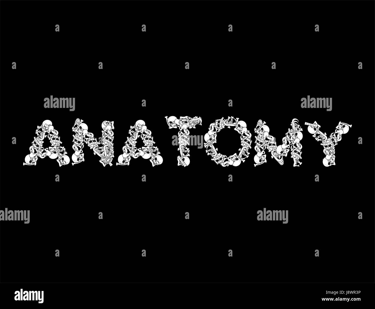 Anatomy lettering. Death typography. Letters from bones. Skull and spine. jaw and pelvis Stock Vector