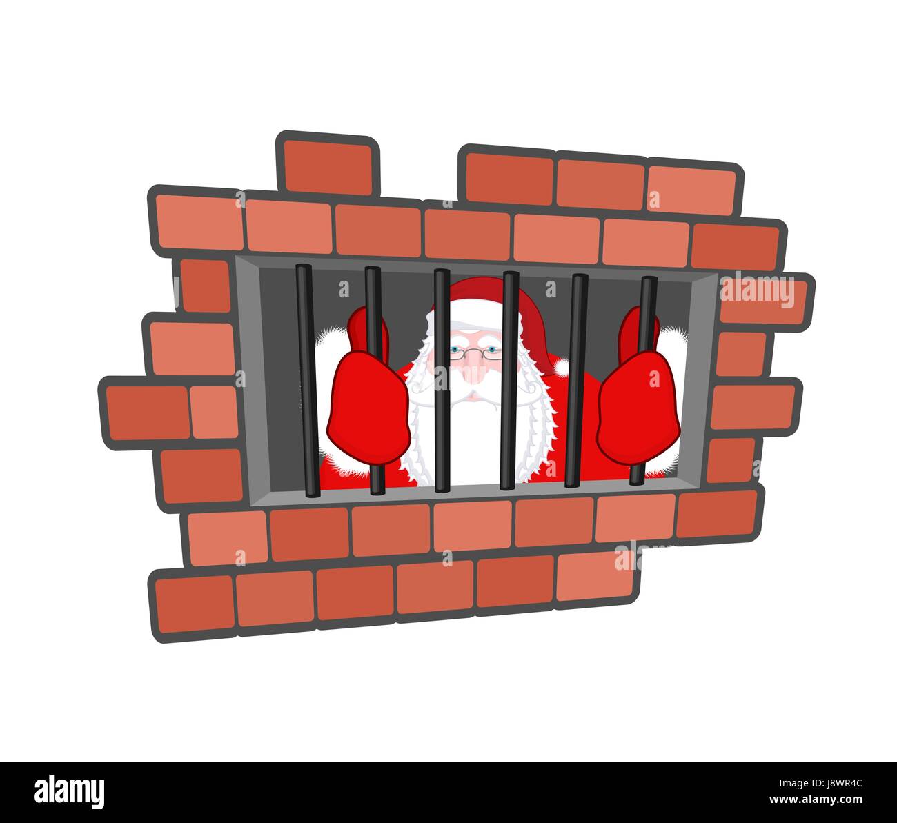 Santa Claus prisoner. Christmas in prison. Window in prison with bars. Bad Santa criminal. New year is canceled. Jail break Stock Vector