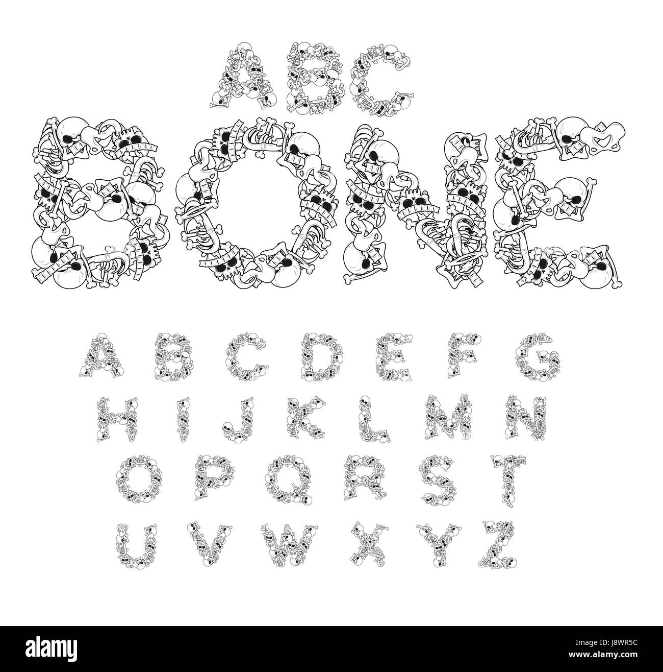 Bone ABC. Skeleton font. Letters anatomy. Skull and spine. Jaw and pelvis. Hell Scary alphabet Stock Vector