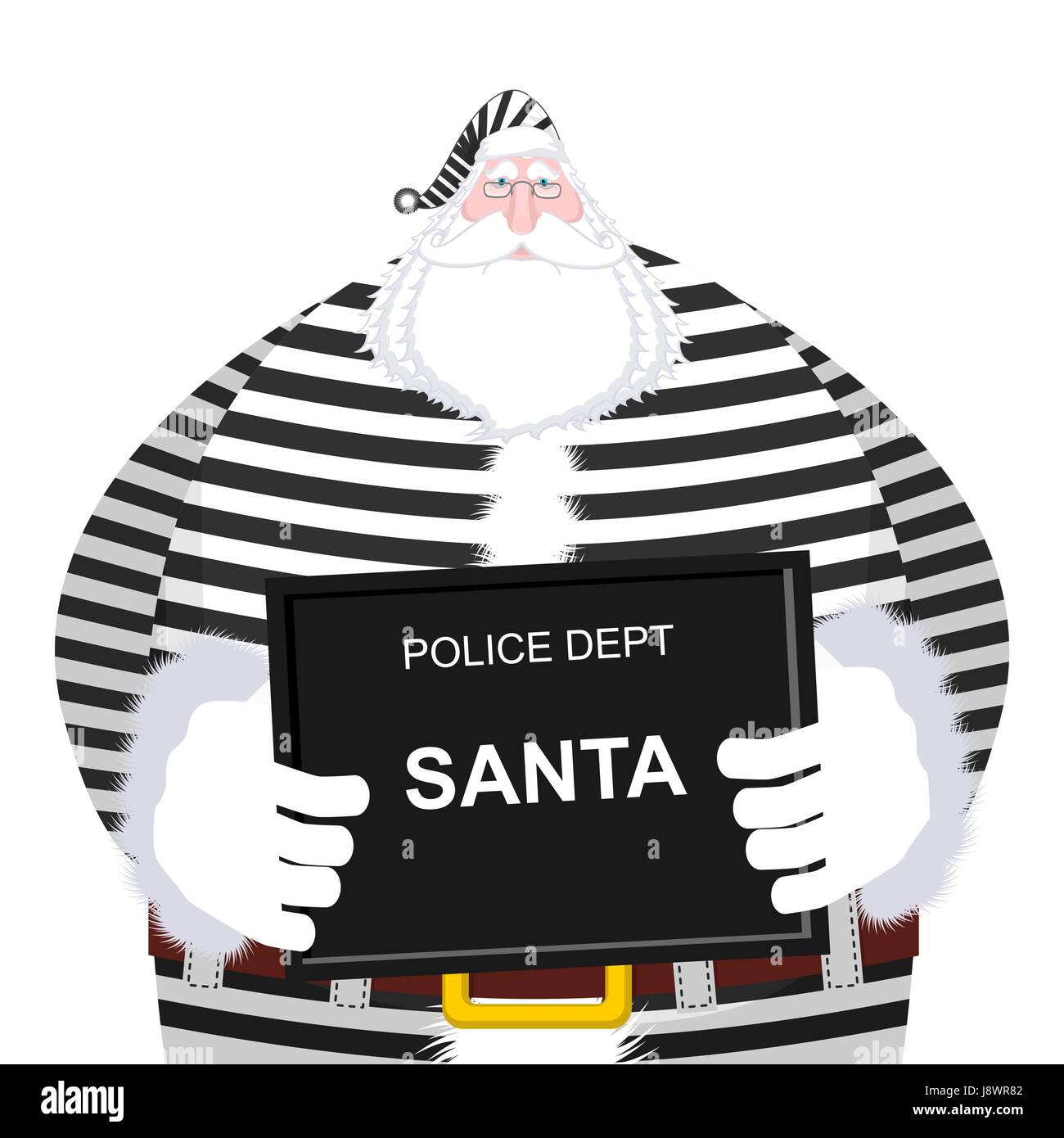 Mugshot Santa Claus at Police Department. Mug shot Christmas. Arrested Bad Santa in striped robe holding black plate. Grandpa Photo Prisoner in custod Stock Vector