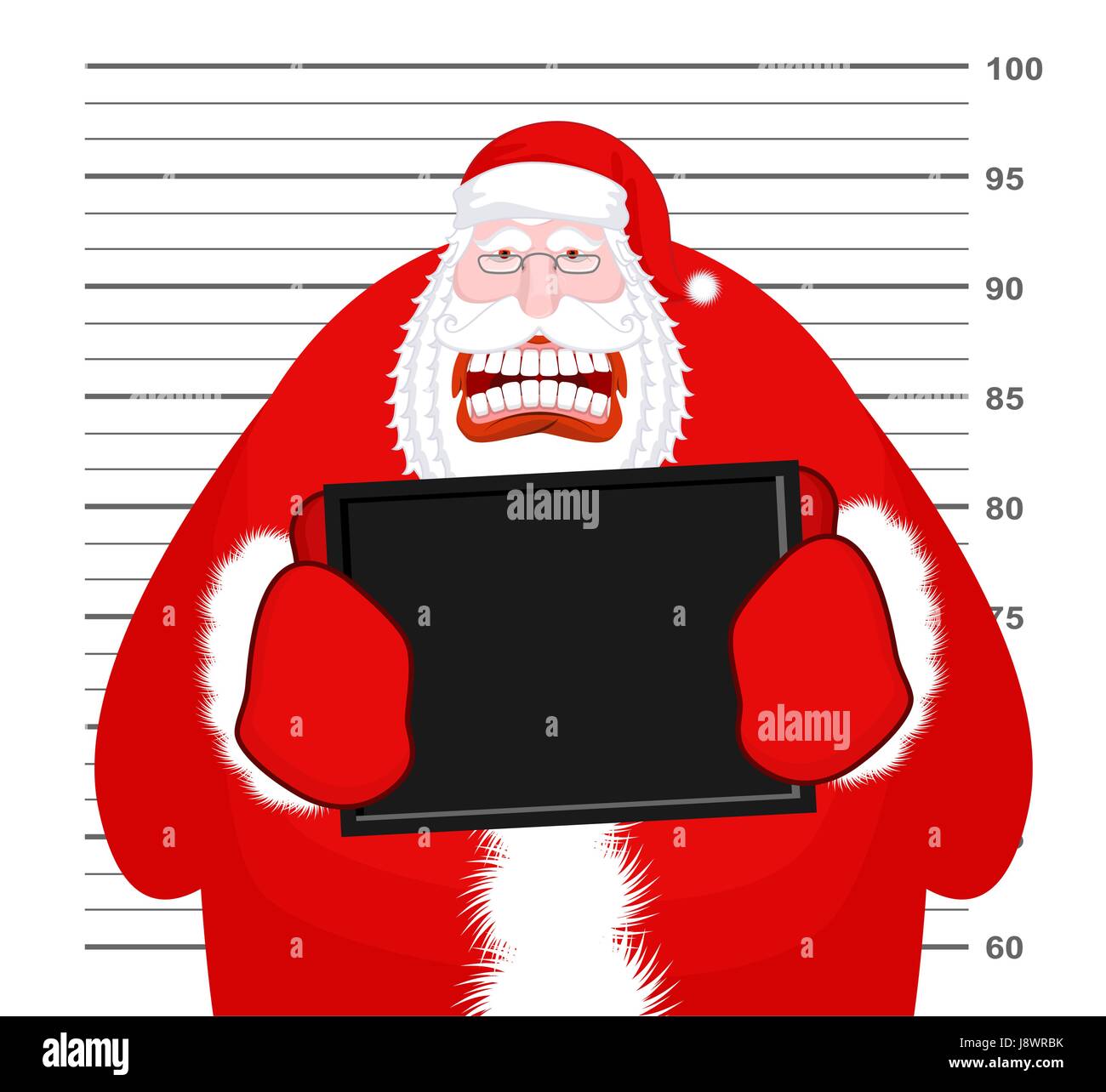 Mugshot Santa Claus at Police Department. Mug shot Christmas. Arrested Bad Santa holding black plate. Grandpa Photo Prisoner in custody for new year.  Stock Vector