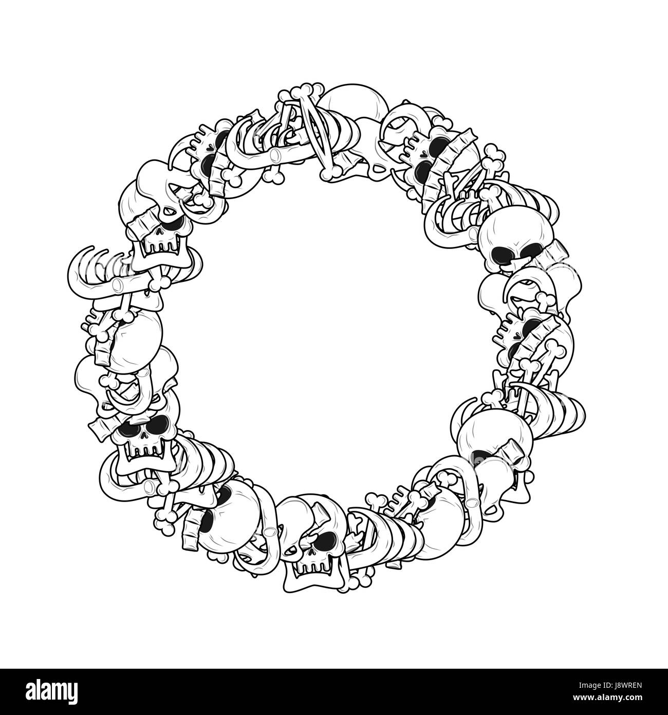 Ring Frame of bones. Anatomy background. Skeleton template. Skull and spine. jaw and pelvis Stock Vector