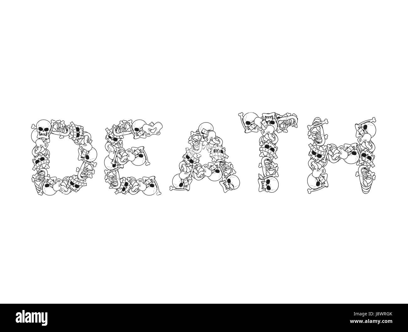 Death typography. Letters from bones. Anatomy lettering. Skull and spine. jaw and pelvis Stock Vector