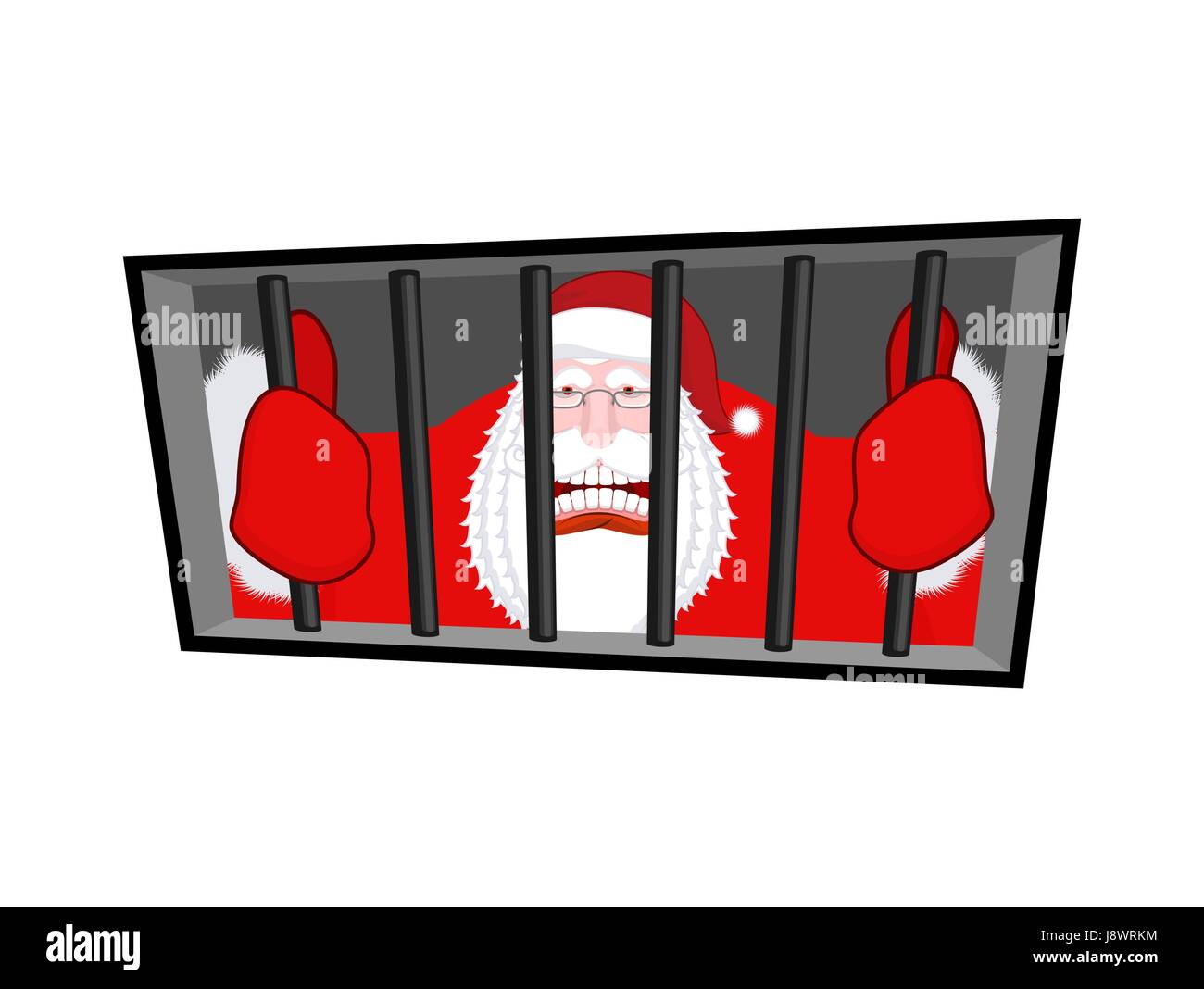 Santa Claus gangster. Christmas in prison. Window in prison with bars. Bad Santa prisoner criminal. New year is canceled. Jail break. Stock Vector