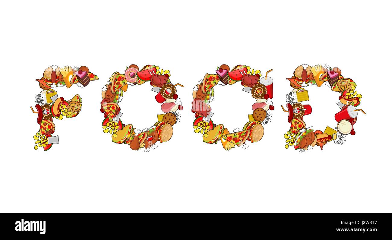 Food typography. Letters of feed. Lettering of meat. Pizza and taco ...