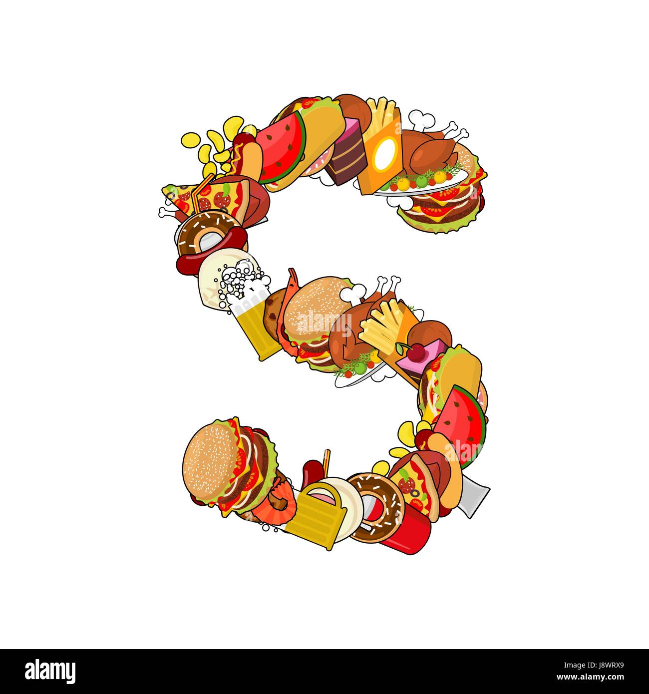 Letter S food. Edible sign alphabet from pizza and hamburger. Feed ...