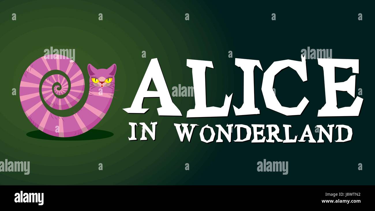 Alice in Wonderland title. Cheshire Cat. Fantastic animal. Fabulous striped animal with long tail Stock Vector