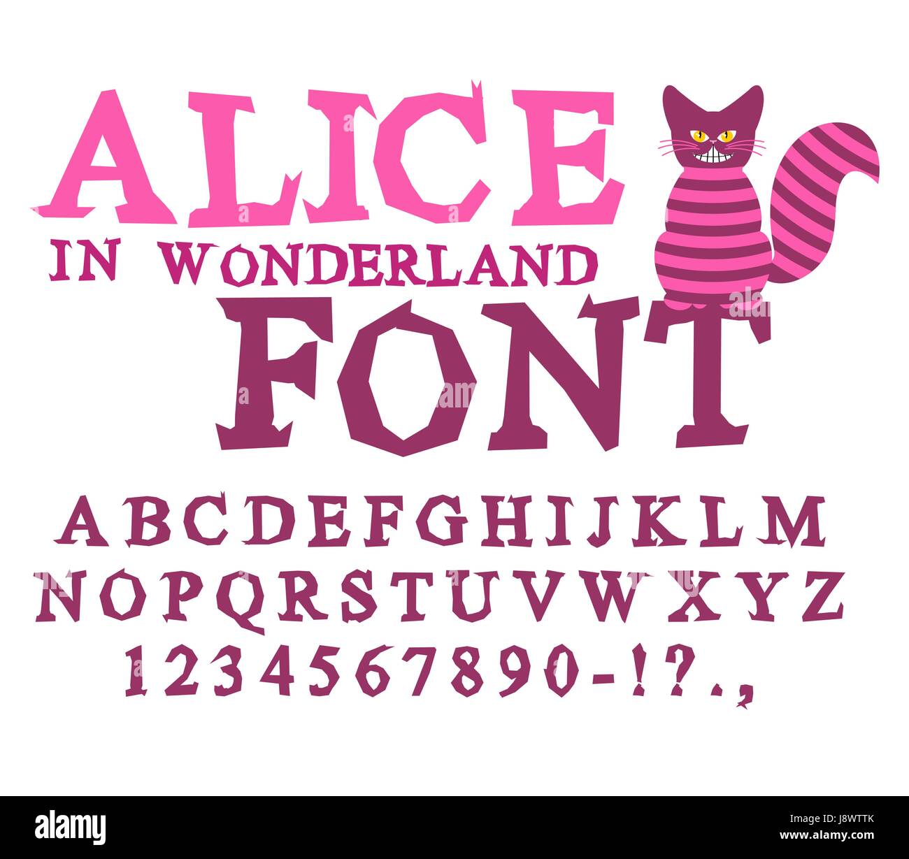 Alice in Wonderland font. Fairy ABC. mad Alphabet  Cheshire Cat. Set of letters. Magical beast with long striped tail Stock Vector