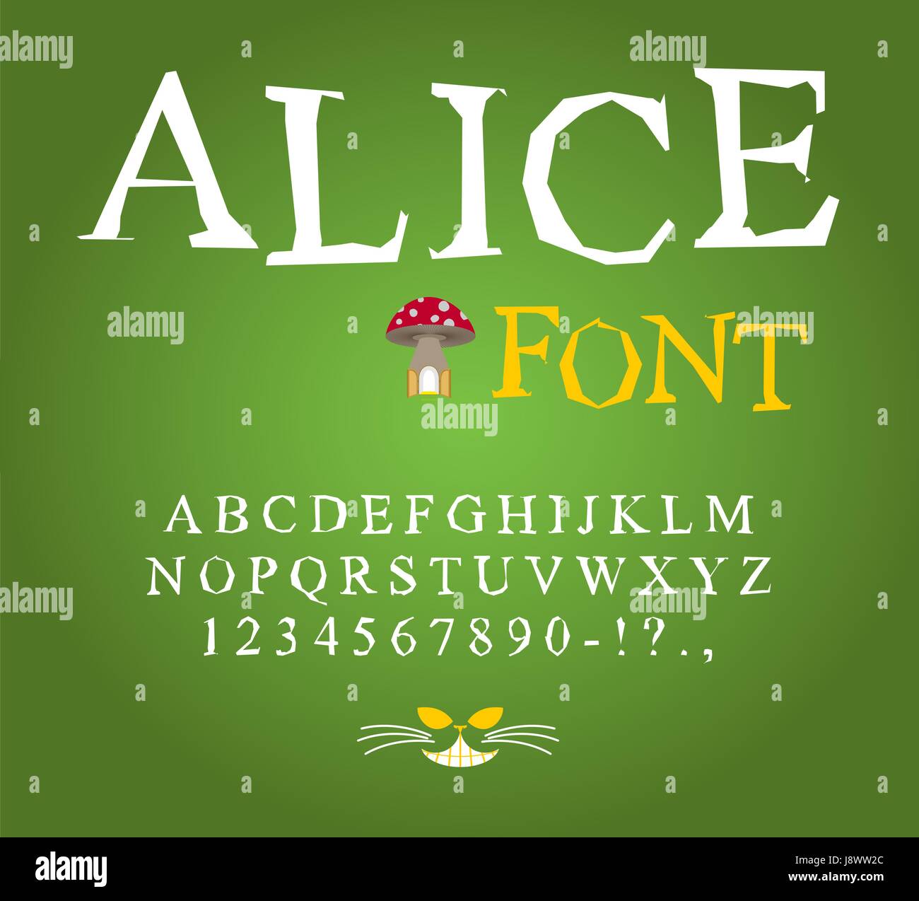 Alice in Wonderland font. Fairy ABC. mad Alphabet  Cheshire Cat. Set of letters. Magical beast with long striped tail Stock Vector
