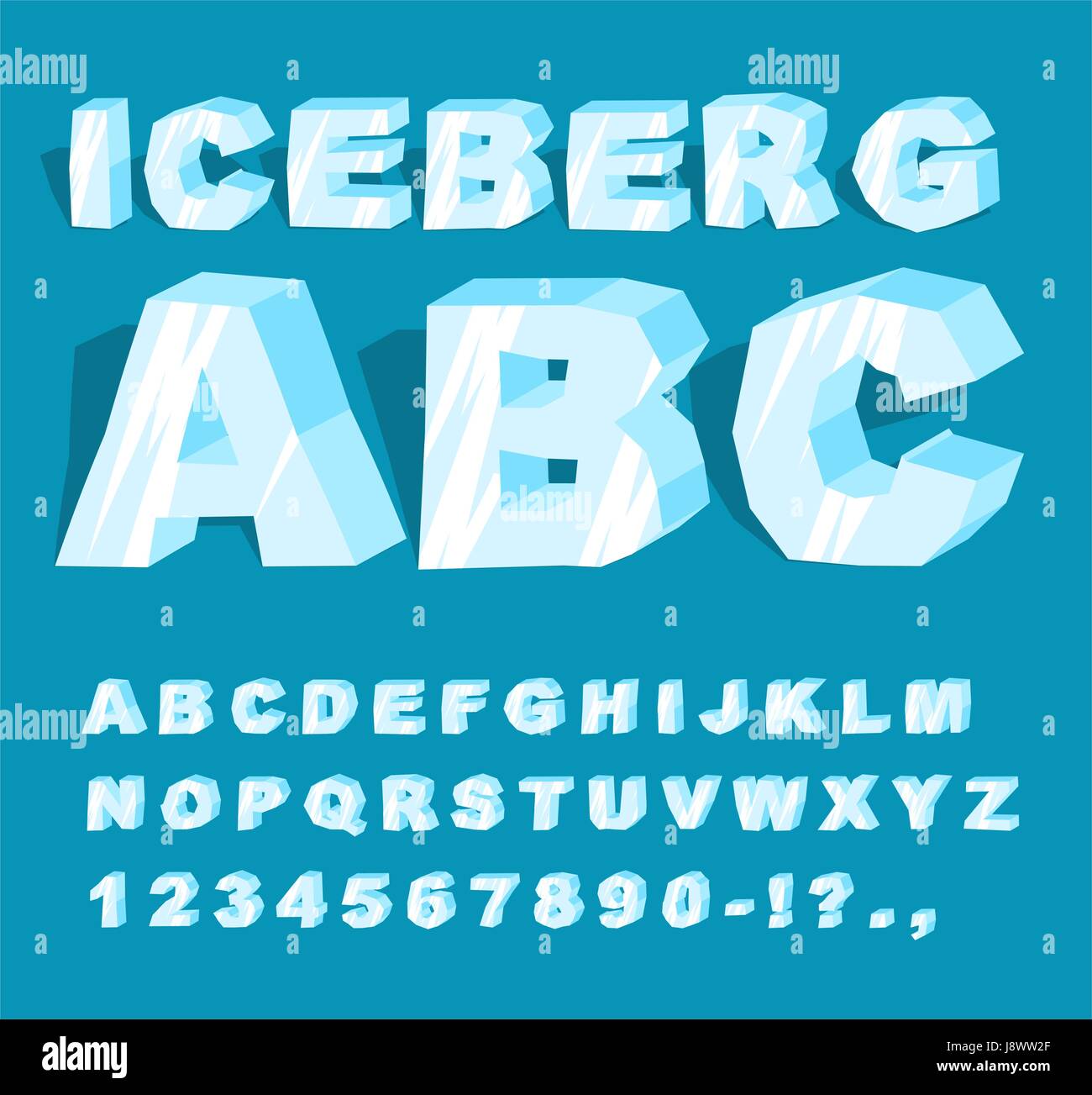 Iceberg font. Ice alphabet. Set of letters from cold ice. Frosty ABC. Blue transparent letters Stock Vector