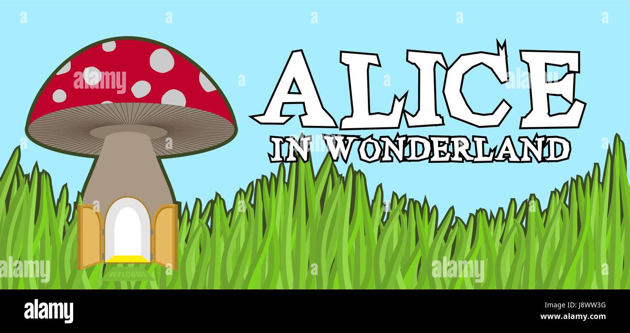 Alice in Wonderland lettering on green grass and mushroom. Mad font Stock Vector