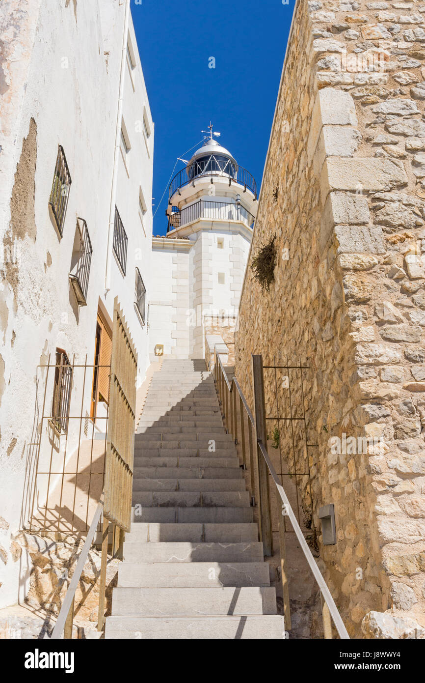Lighthouse, part of the Polvorin building attached to the Peniscola castle in the old town of Peniscola, Spain Stock Photo