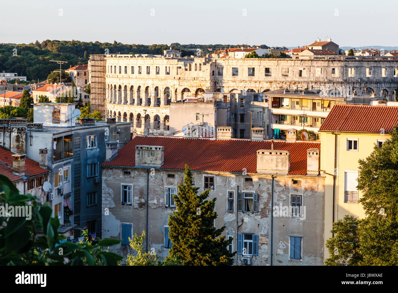 Aerial View on Ancient Roman Amphitheater and City of Pula, Croatia Stock Photo