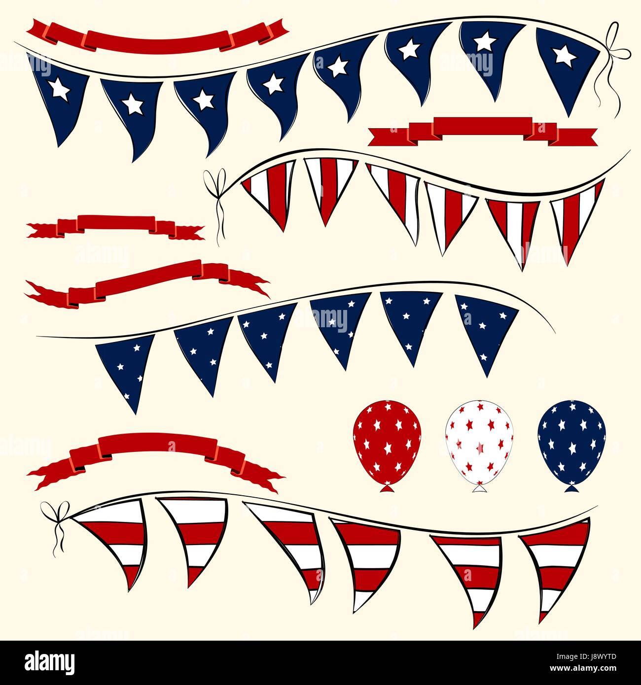 Set of patriotic Independence Day bunting, balloons and ribbons. American July 4th vector 
