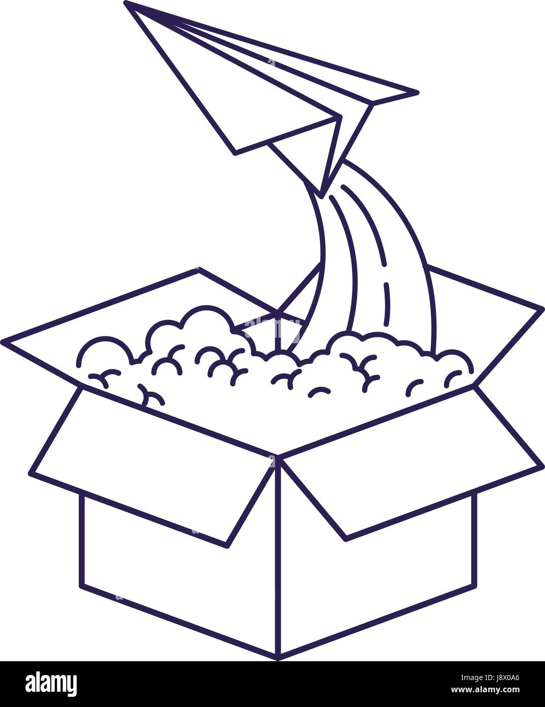 purple line contour of cardboard box and paper plane flying Stock ...