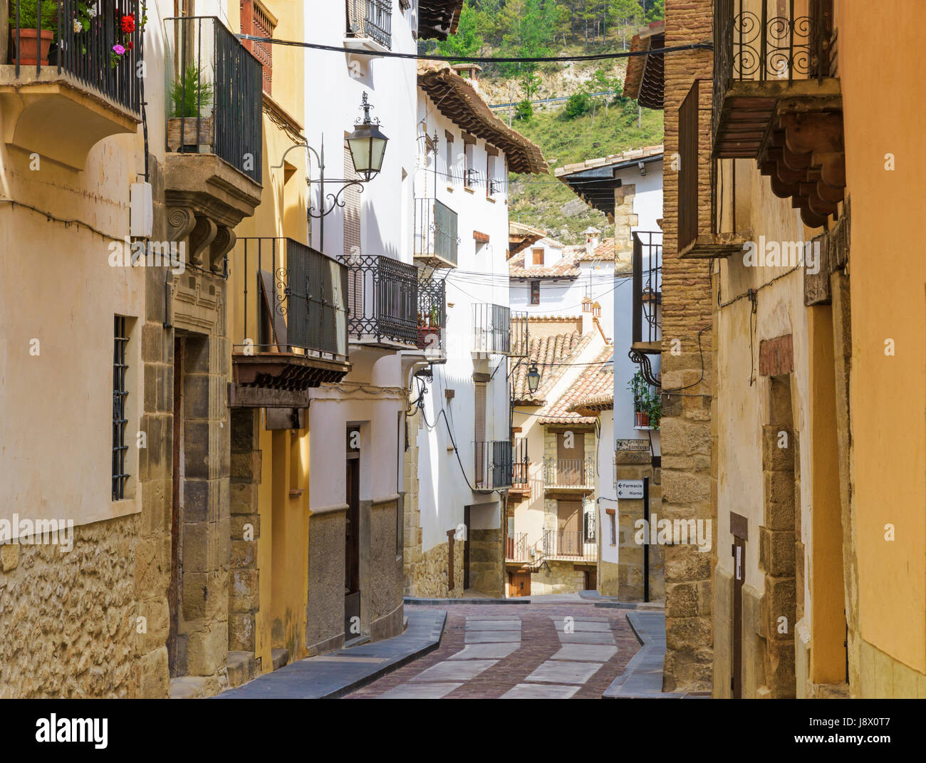 Renovated buildings in the picturesque old town of Rubielos de Mora in the Gúdar-Javalambre region, Teruel, Aragon, Spain Stock Photo