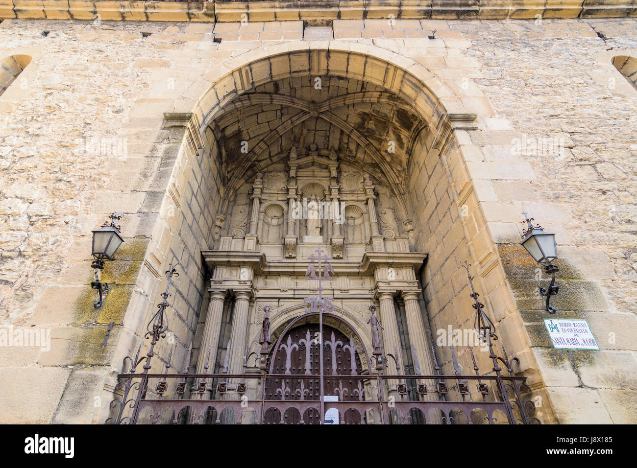 Entrance detail of the The 17th century former collegiate of Santa María la Mayor in the old town of Rubielos de Mora, Teruel, Aragon, Spain Stock Photo