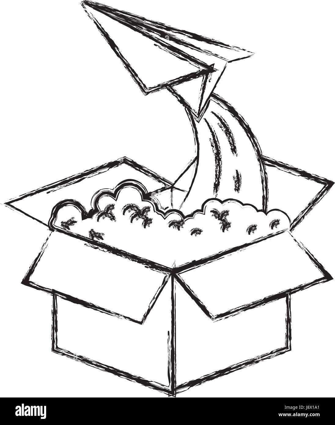 monochrome blurred silhouette of cardboard box and paper plane flying ...