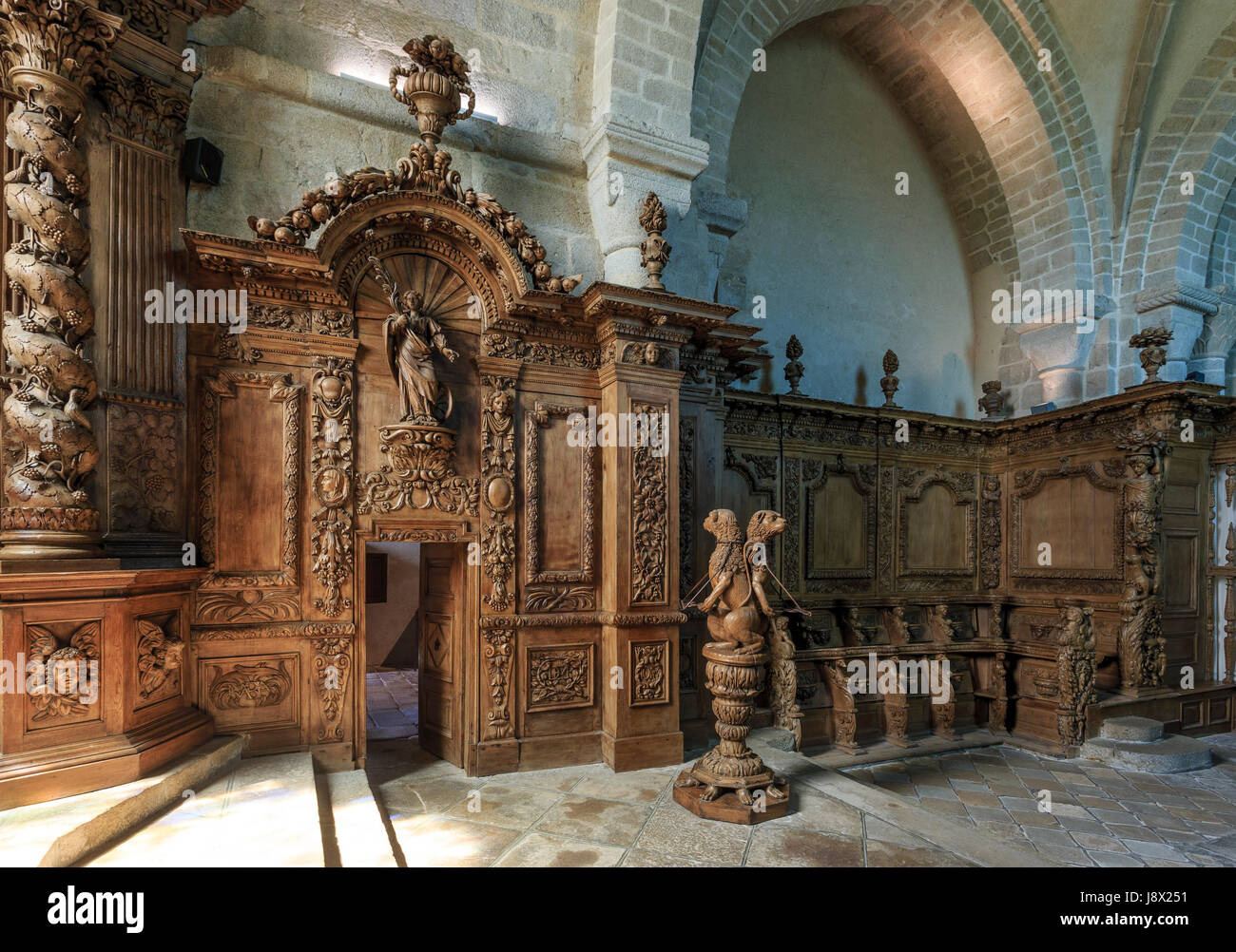France, Creuse, Moutier-d'Ahun, Moutier d'Ahun abbey, the carved woodwork in the church Stock Photo