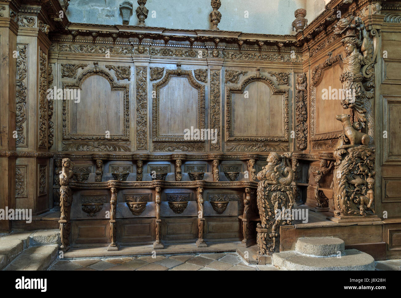 France, Creuse, Moutier-d'Ahun, Moutier d'Ahun abbey, the carved woodwork in the church Stock Photo
