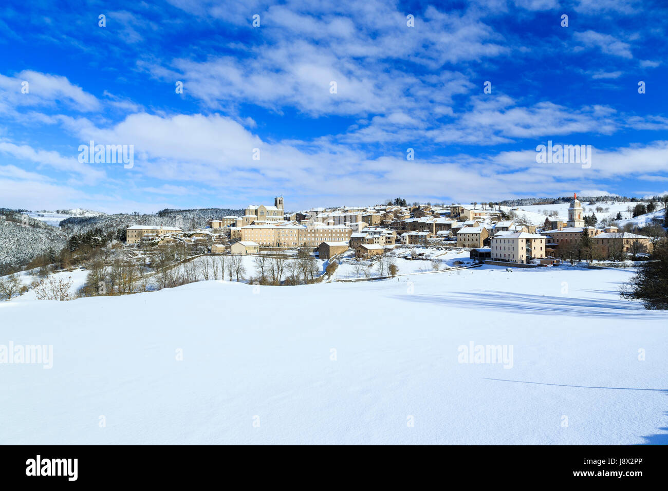 France, Haute-Loire, Pradelles, labelled Les Plus Beaux Villages de France (The Most beautiful Villages of France), the village under snow Stock Photo