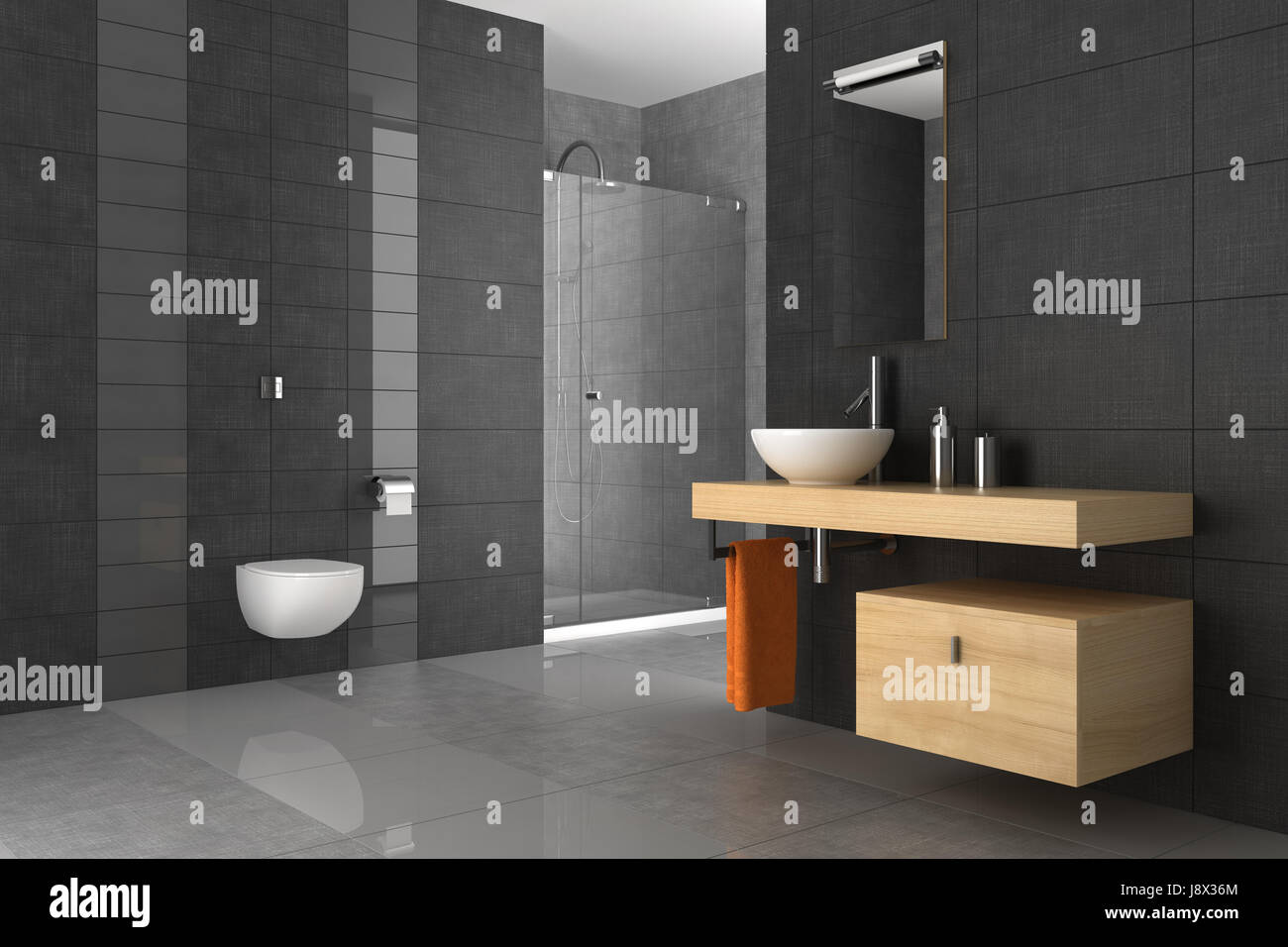 modern, modernity, wood, interior, tiled, bathroom, grey, gray, design ...
