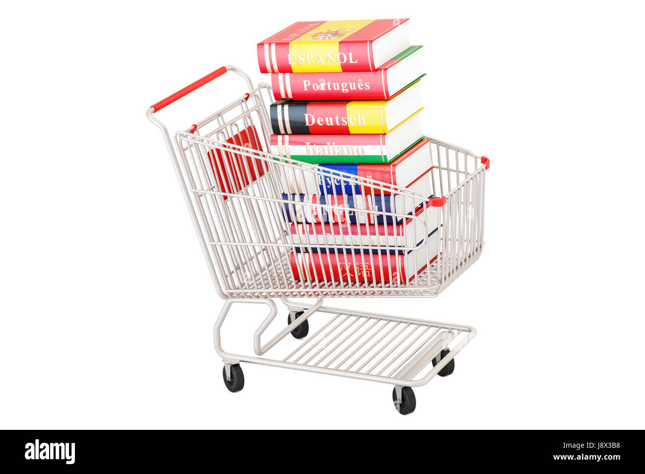 Shopping cart with dictionary books, 3D rendering isolated on white