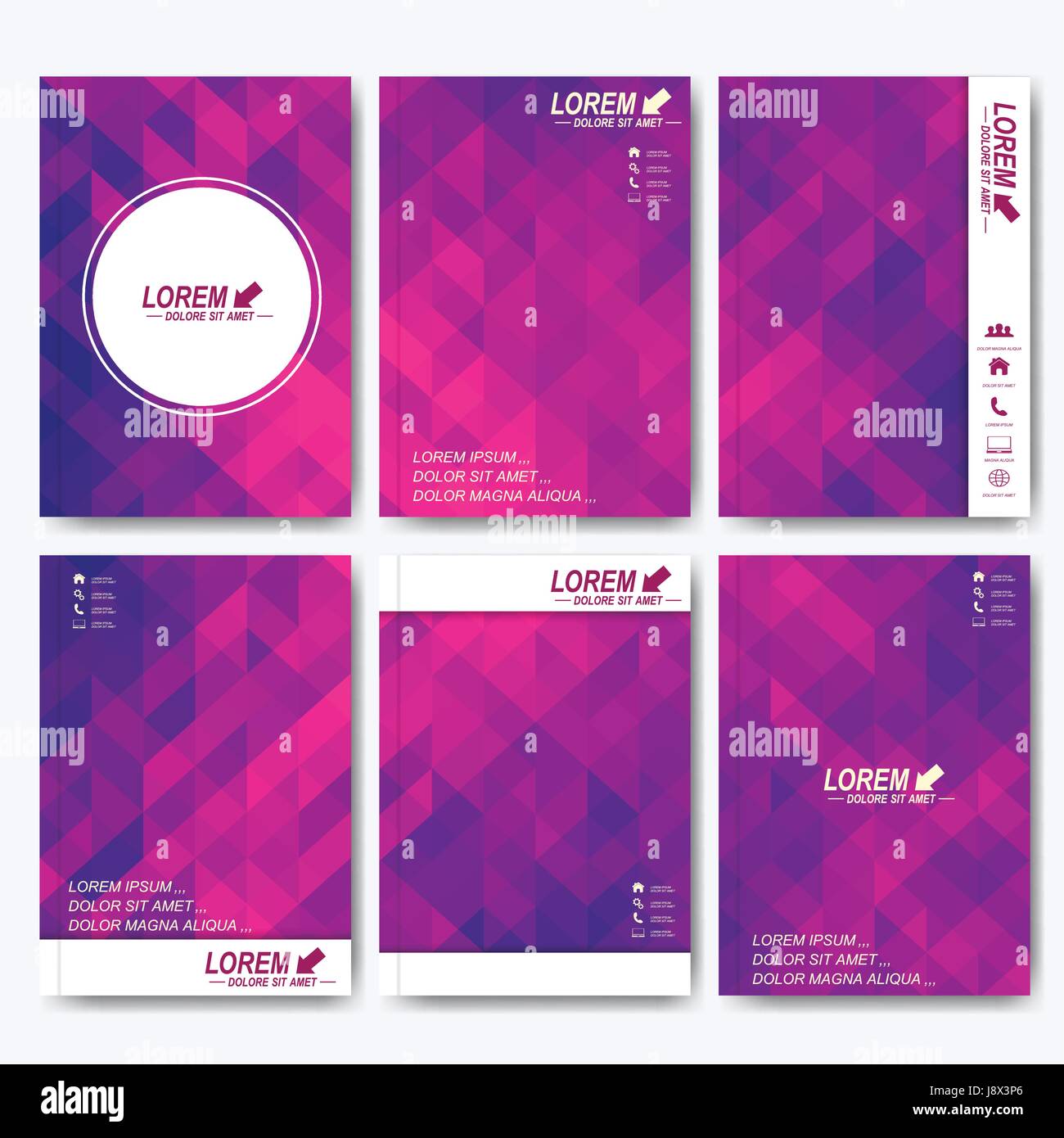 Modern vector templates for brochure, flyer, cover magazine or report in A4 size. Business, science, medicine and technology design . Background with purple triangles Stock Vector