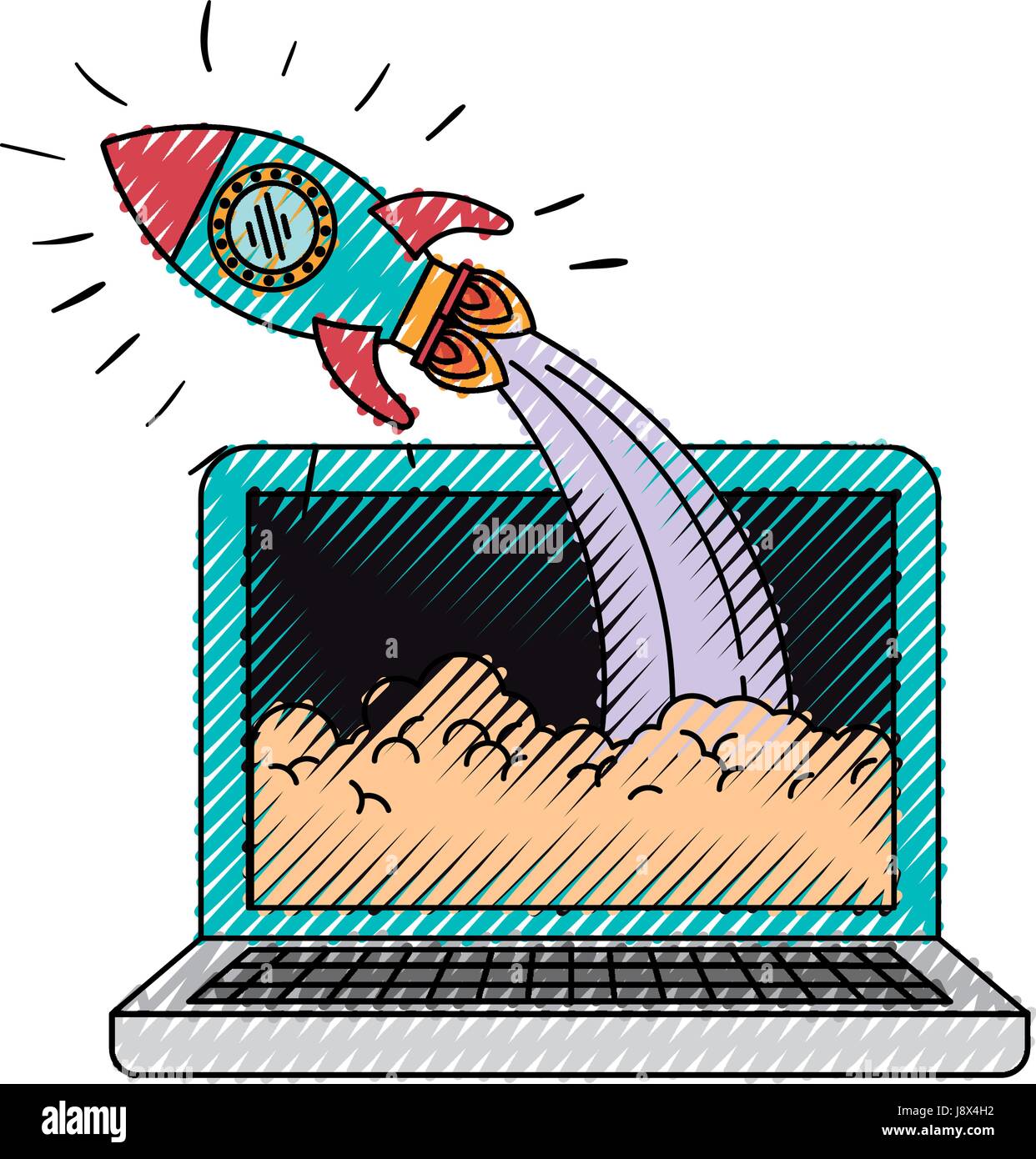 colored crayon silhouette of laptop computer and space rocket Stock ...