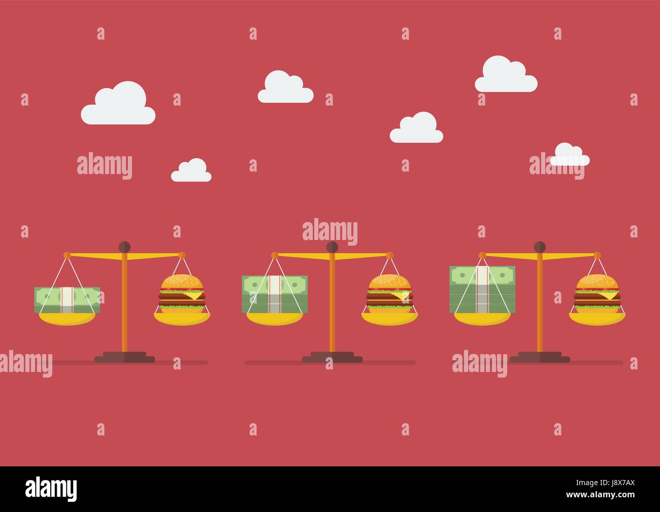 Trend of Money and Burger balance on the scale. Inflation Concept Stock Vector