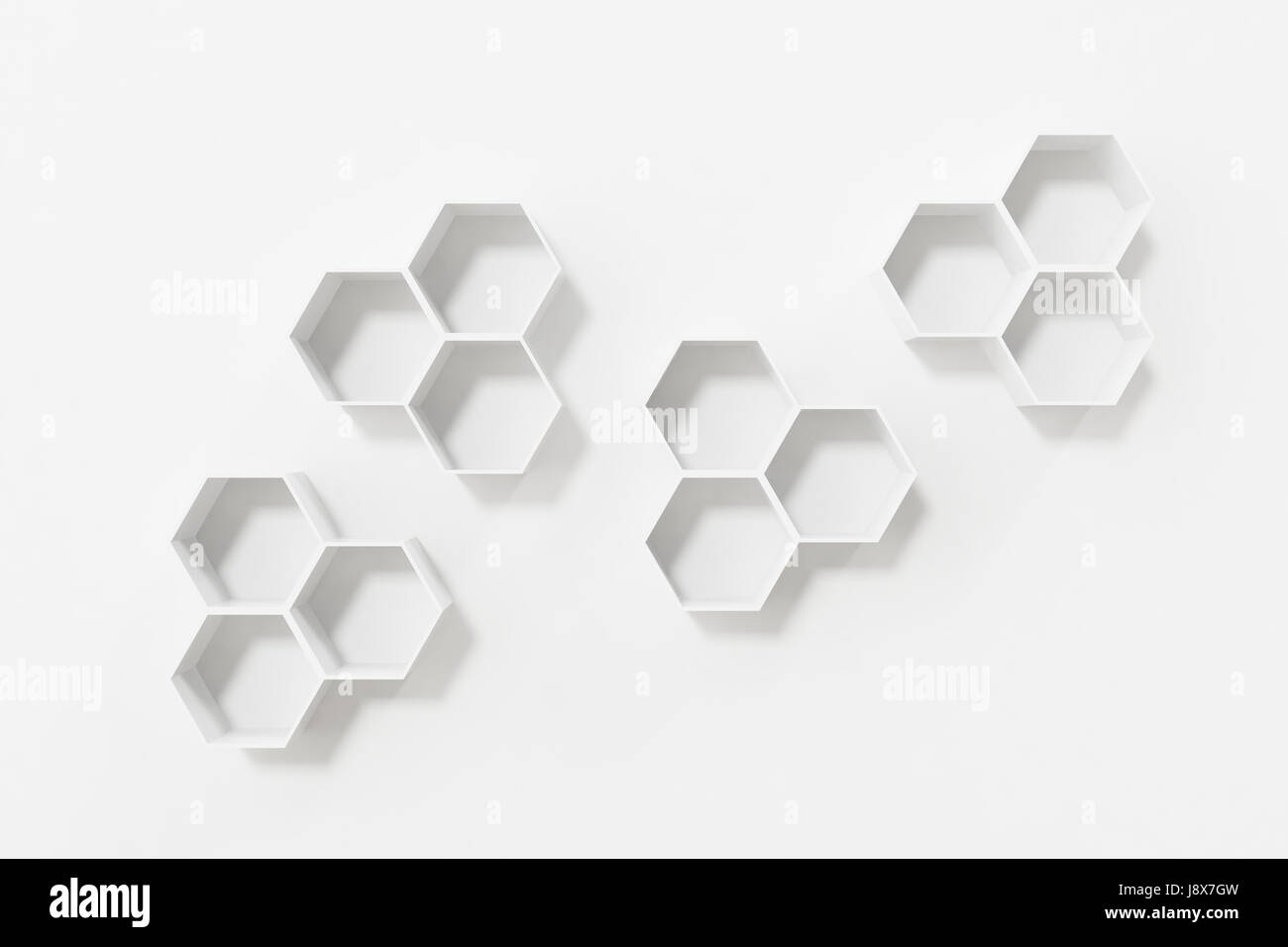 Empty white wall with hexagon shelves on the wall. 3D rendering Stock ...