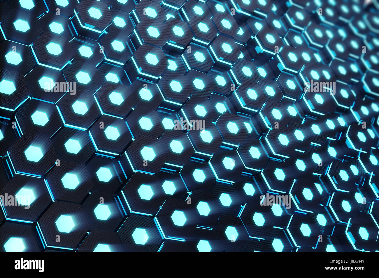 Abstract blue of futuristic surface hexagon pattern with light rays. 3D ...