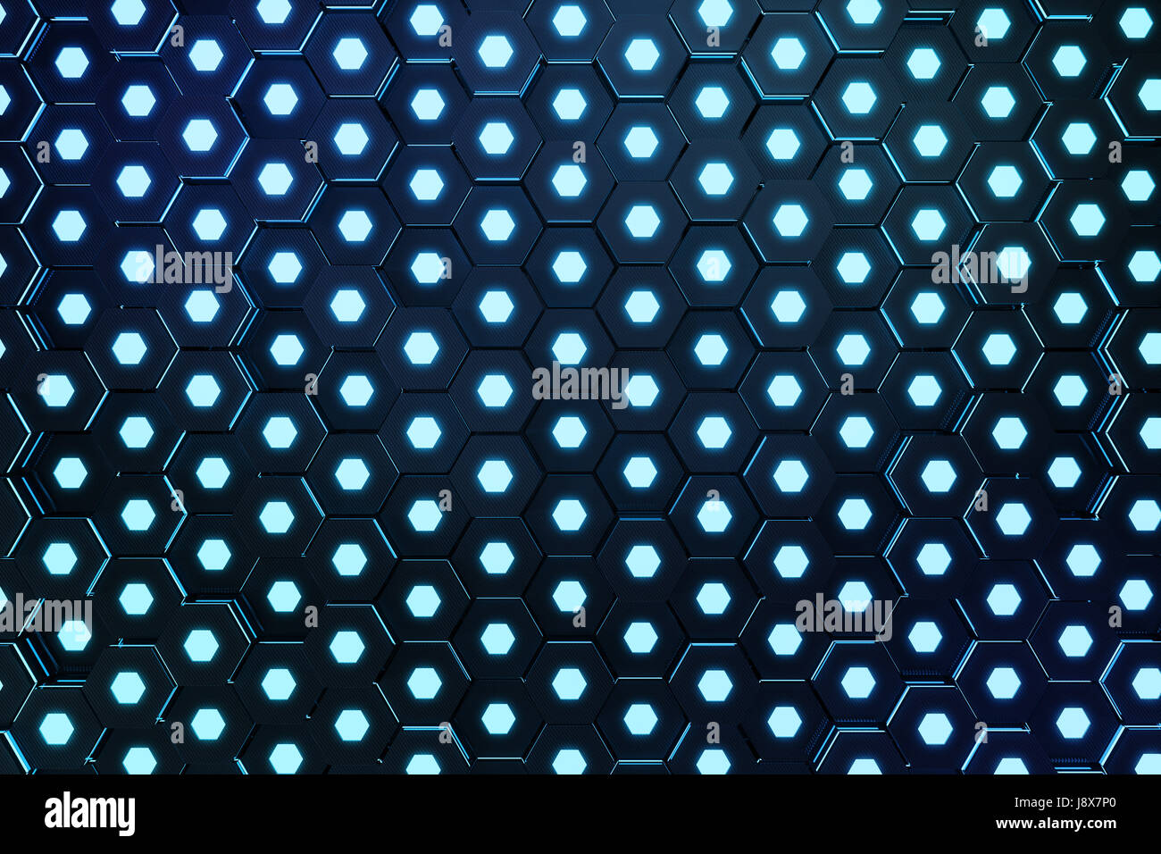 Abstract blue of futuristic surface hexagon pattern with light rays. 3D ...