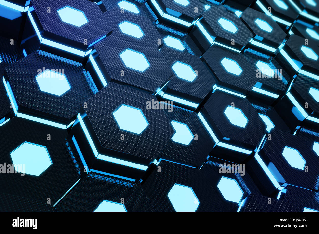 Abstract blue of futuristic surface hexagon pattern with light rays. 3D ...