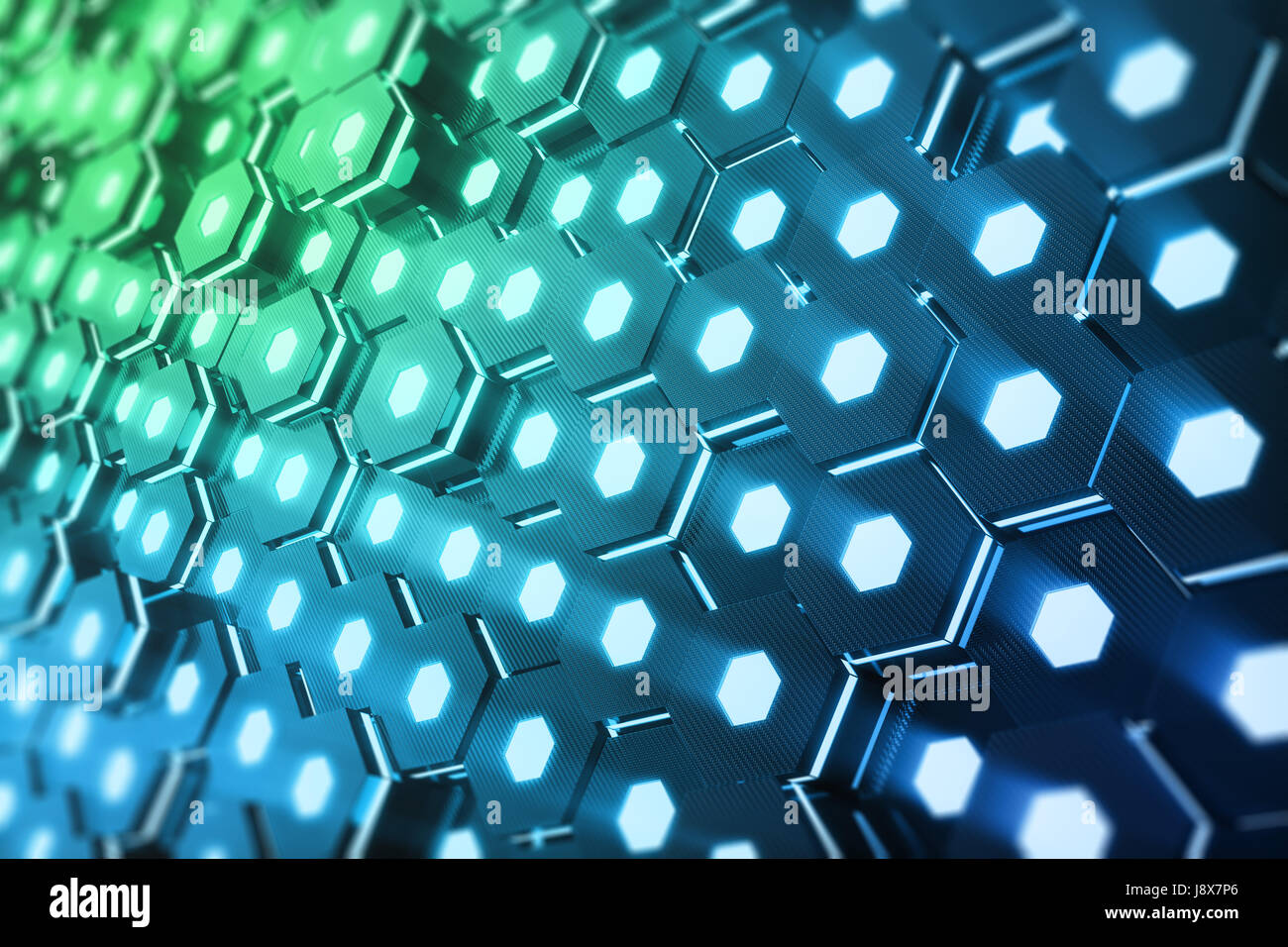 Abstract blue of futuristic surface hexagon pattern with light rays. 3D ...