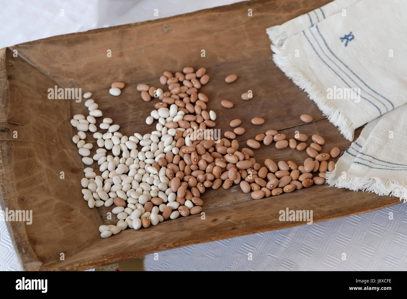 Paganica beans the beige one named 'fagiolo a pane' and the white one named 'fagiolo a pisello' from Abruzzo, Italy, Europe. Stock Photo