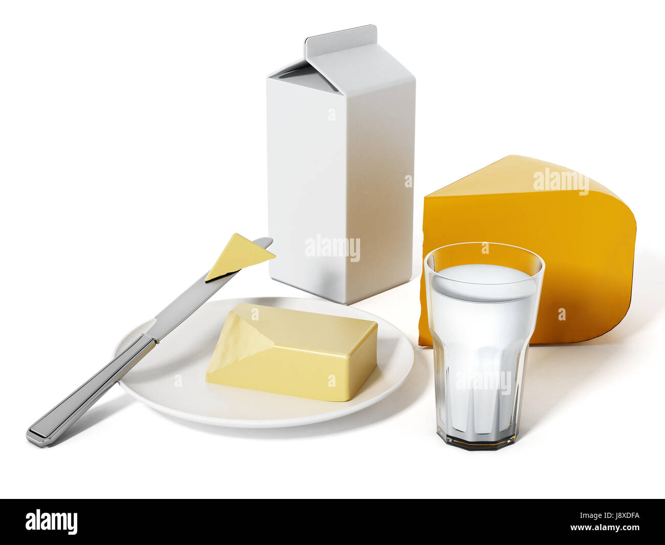 Milk, cheese and butter isolated on white background. Stock Photo