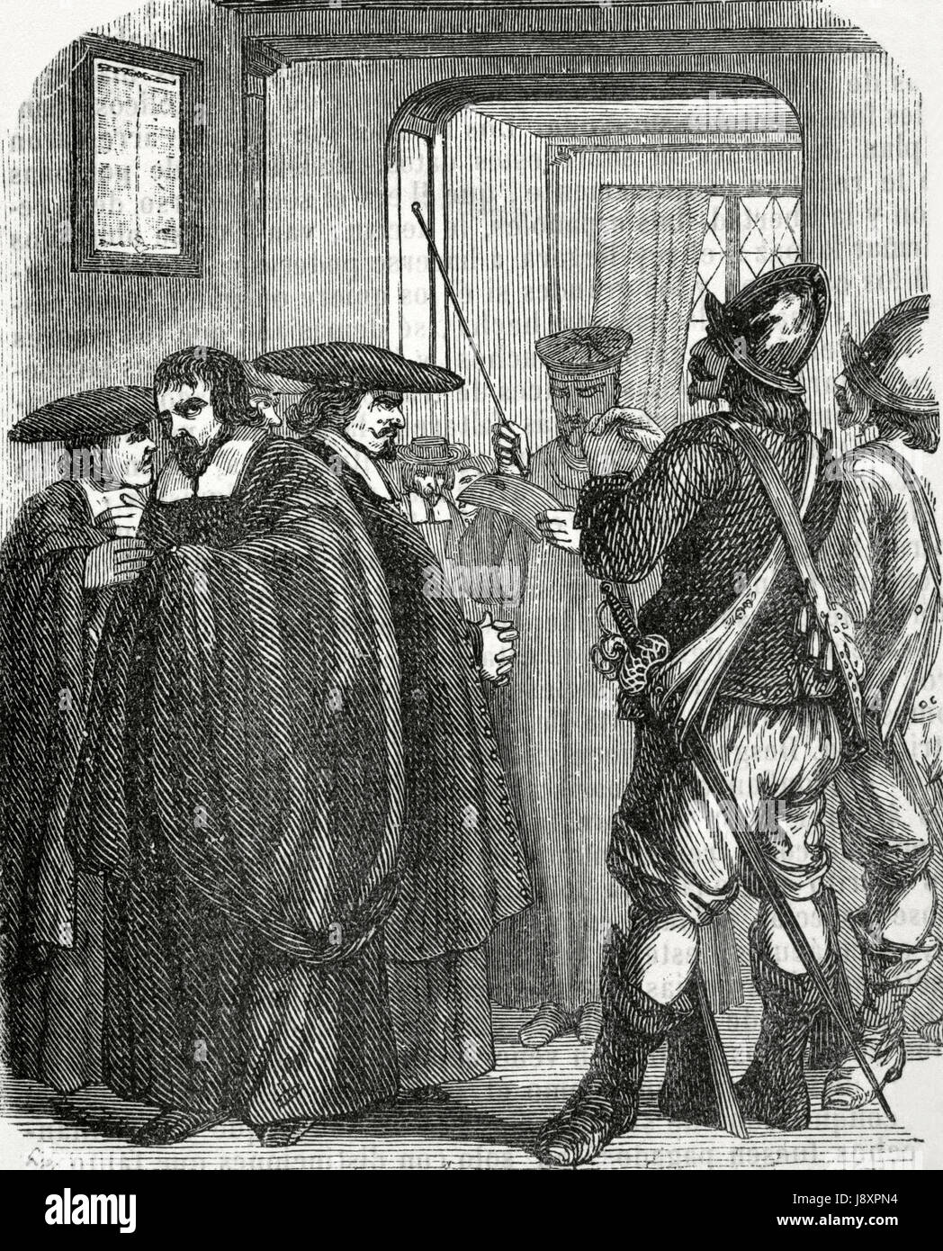Arrest of the Jesuits accused of inspiring Jean Chatel (1575-1594) to assassinate the king Henry IV of France (1553-1610) on 27th, December 1594. Engraving by Dupre, 1851. Stock Photo