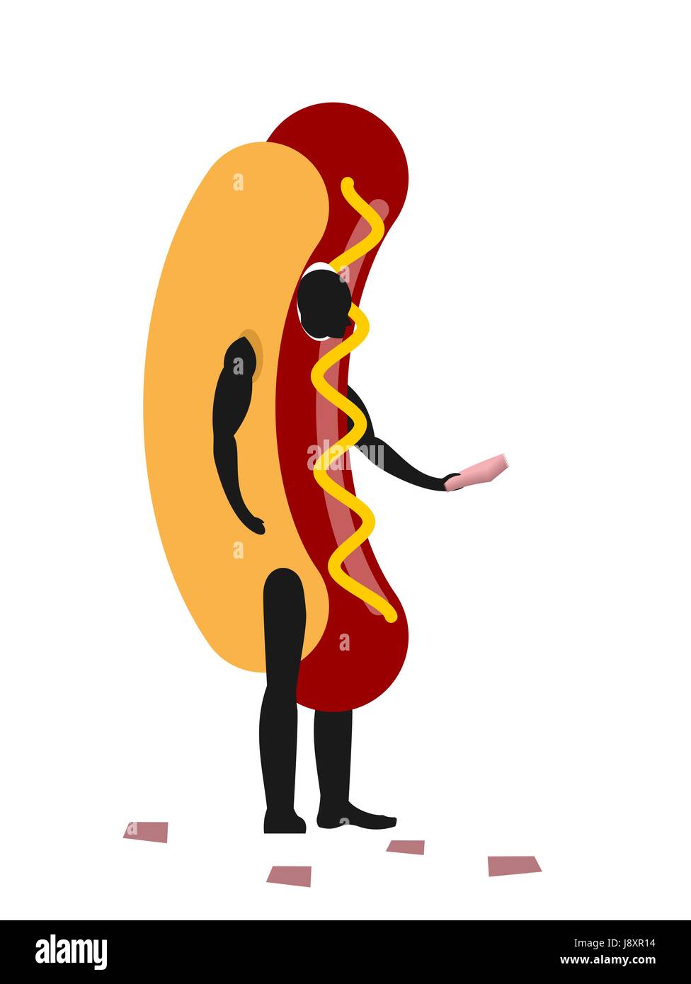 Hot dog mascot promoter. Mman dressed as fastfood distributing flyers