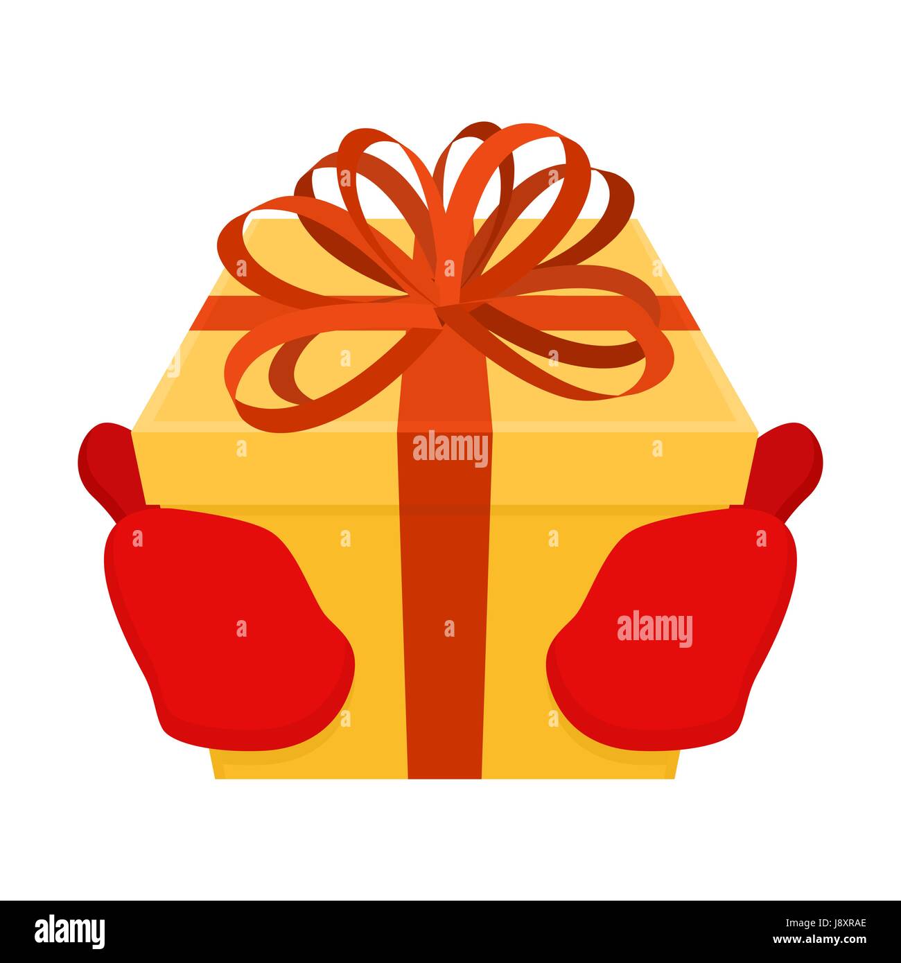 Gift on Christmas. Santa gloves and box with bow. Red tape and