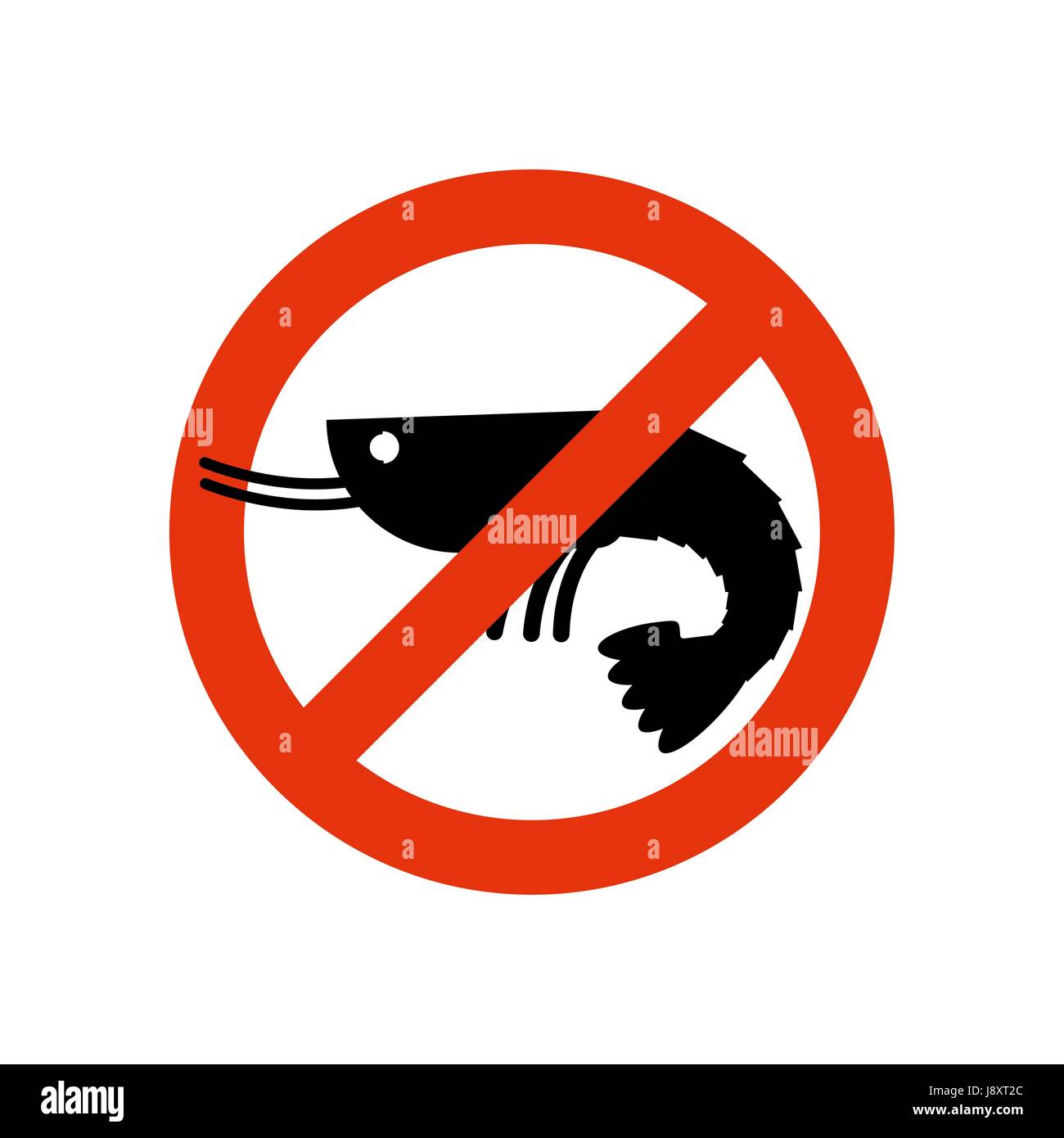 Stop shrimp. Banned deep-water plankton. Frozen shrimp silhouette. Emblem against a marine animal. Red forbidding character. Ban shrimp on white backg Stock Vector