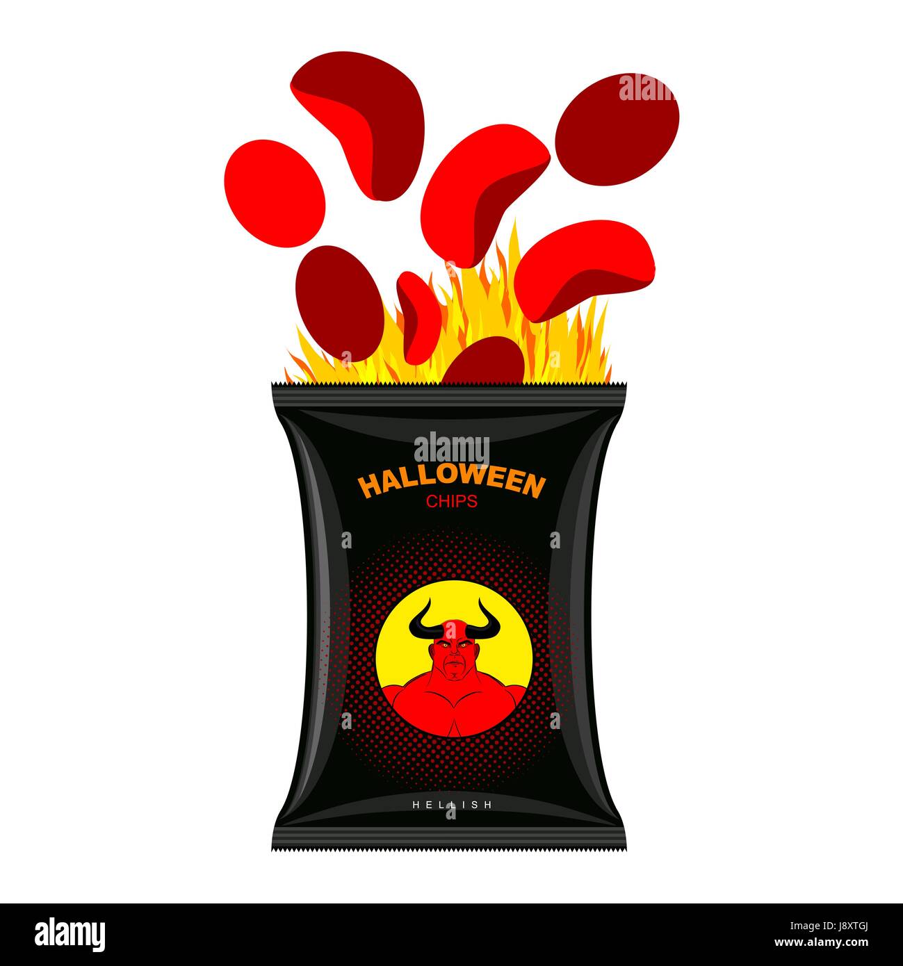 Hellish chips for Halloween. Packing snacks with Satan. Hellfire in black tutus. Red chips are eliminated from  packaging. direful food for terrible h Stock Vector