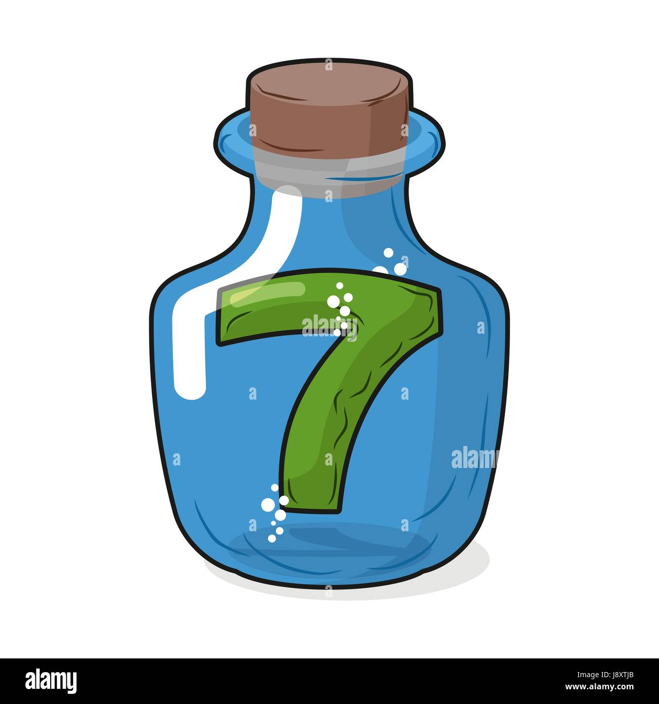 Seven scientific bottle for laboratory research. Figure 7 magic bottle with a wooden stopper. Vector illustration. Capacity for research Stock Vector