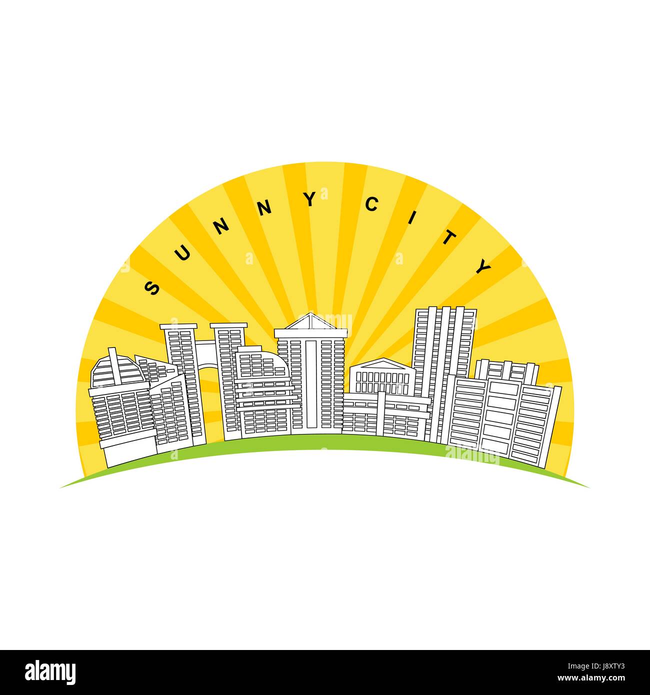 Sunny city. Logo for new modern prestigious district city. Skyscrapers and buildings on background of  solar sunrise. Logo for real estate industry Stock Vector