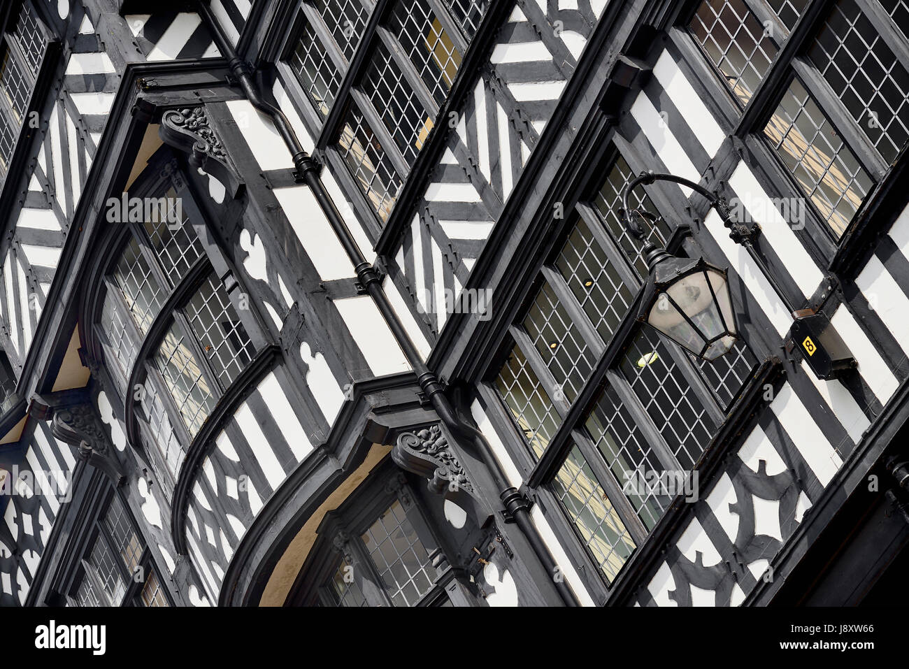 England, Cheshire, Chester, The Rows on Bridge Street, Black and White architectural patterns. Stock Photo